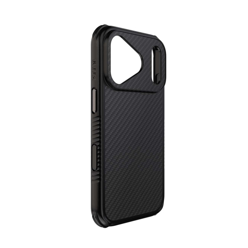A black carbon fiber textured phone case with a raised camera bumper, shown from a side angle on a plain white background.