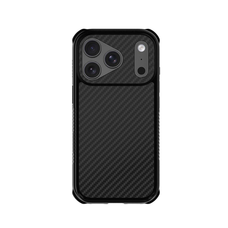 A black carbon fiber textured phone case with a raised bumper edge, shown on a plain white background.