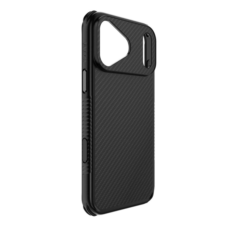A black carbon fiber textured phone case with a raised camera bumper, shown from a side angle on a plain white background.