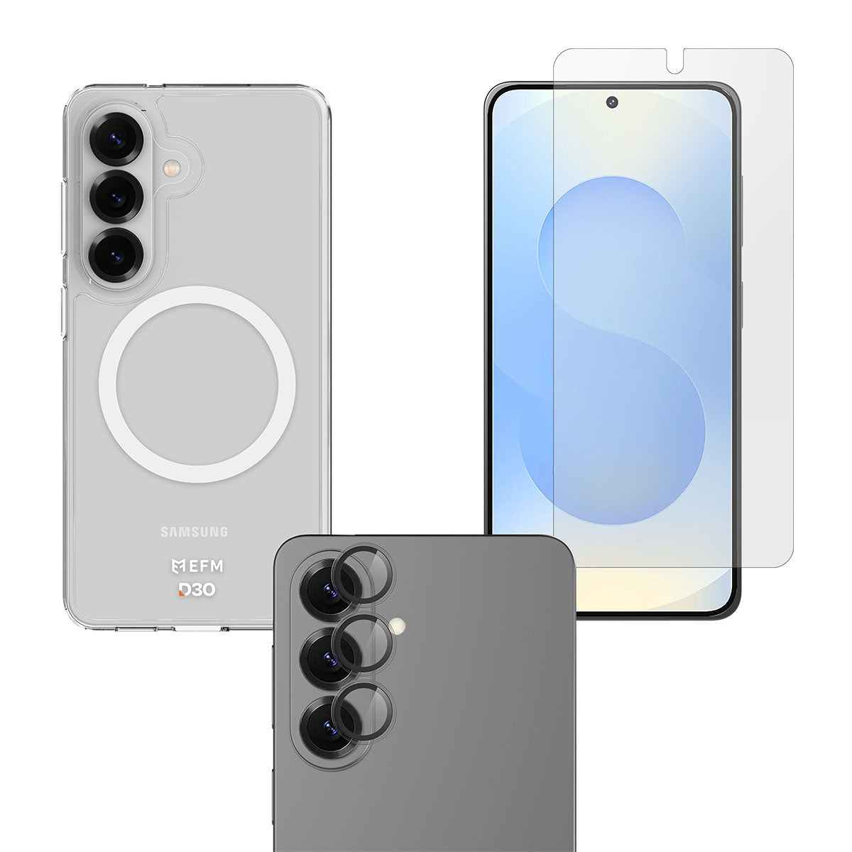 Samsung phone case, screen protector, and back view on a white background