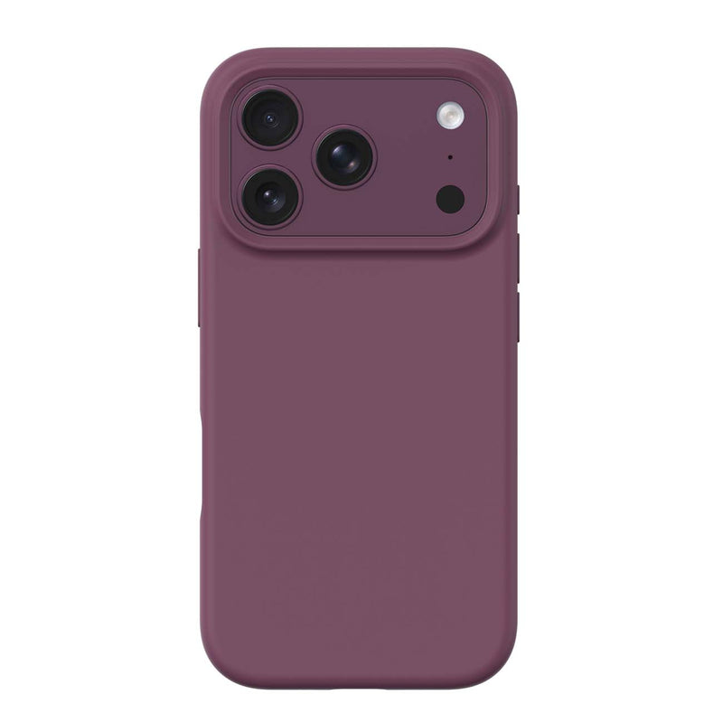 A matte dark plum purple phone case shown from the back, fitted on a smartphone with a triple-camera cutout, against a plain white background.