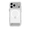 A clear MagSafe-compatible phone case shown on the back of a silver iPhone, featuring a white circular magnetic ring and a gray Apple logo visible through the transparent case.