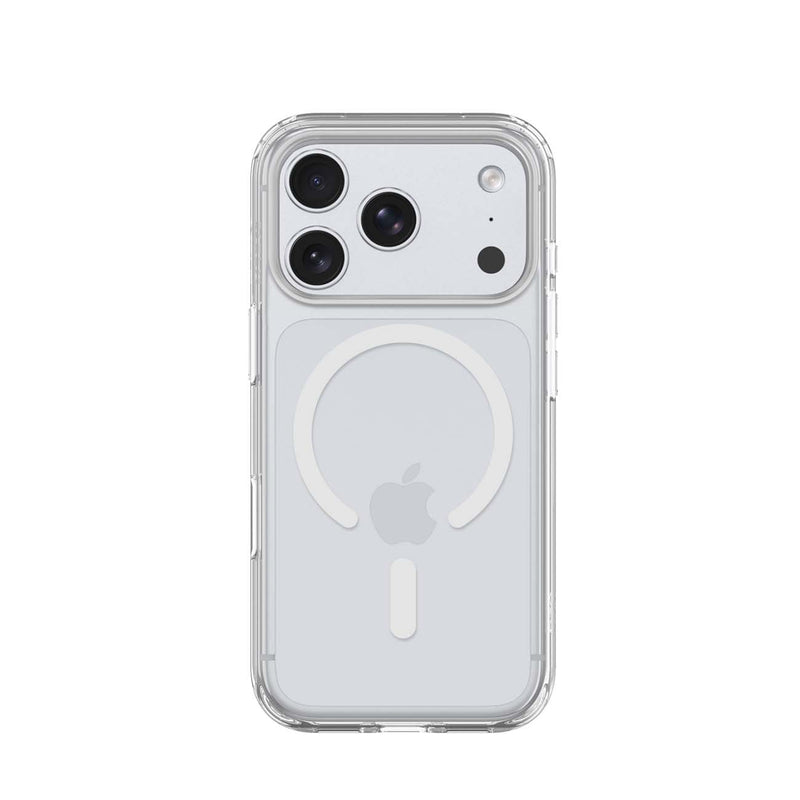 A clear MagSafe-compatible phone case shown on a silver smartphone, featuring a white circular magnetic ring design on the back.