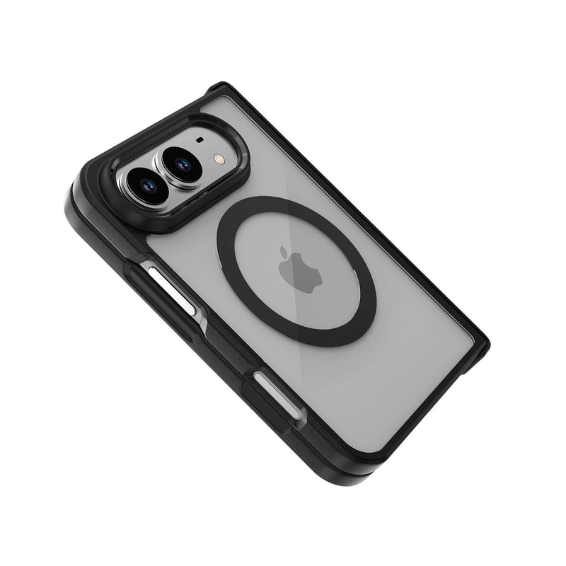 A clear and black protective phone case with MagSafe compatibility, shown on a silver iPhone against a white background.