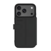 Black textured phone case with a built-in strap and card slots, shown on a smartphone against a plain white background.