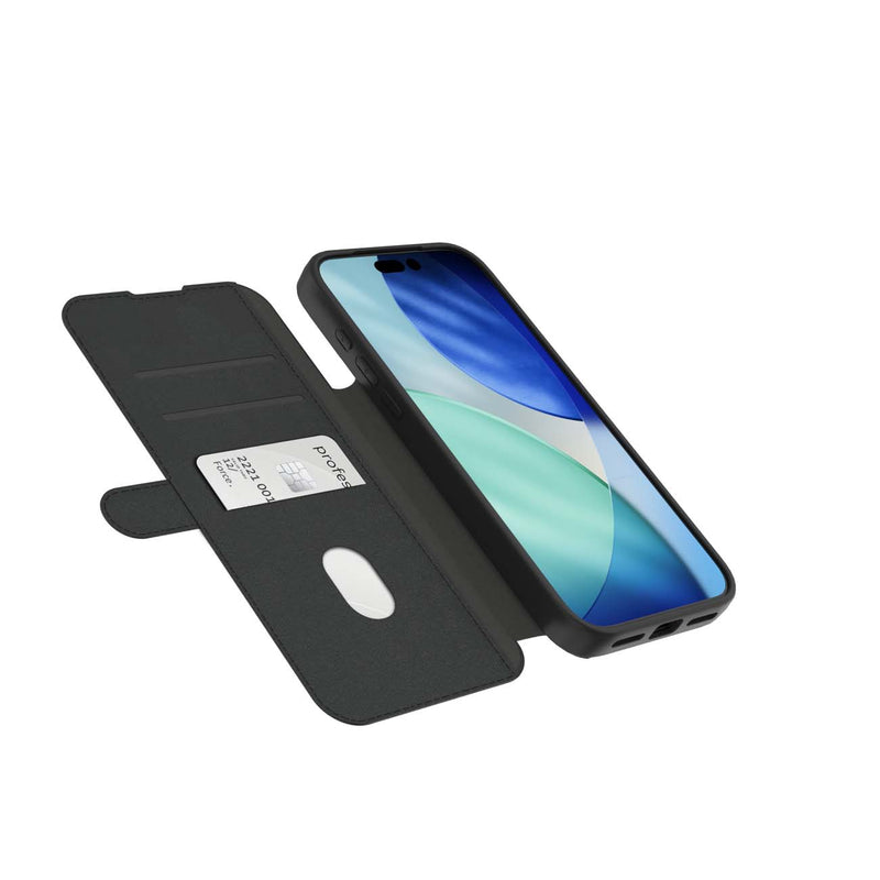 Black folio phone case with a kickstand, shown open with a smartphone inserted, on a plain white background.