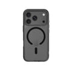 A clear protective phone case with a black MagSafe-compatible circular ring design on the back, fitted onto a black iPhone shown on a white background.