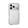 A clear protective phone case shown on the back of a silver iPhone, photographed against a solid white background.