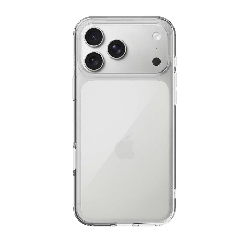 A clear protective phone case shown on the back of a silver iPhone, photographed against a solid white background.