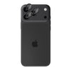 A black protective phone case with a raised camera bar and three circular lens protectors, shown on the back of an iPhone against a plain white background.
