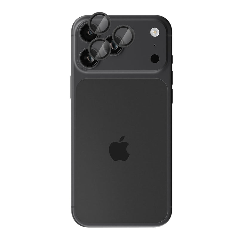 A black protective phone case with a raised camera bar and three circular lens protectors, shown on the back of an iPhone against a plain white background.