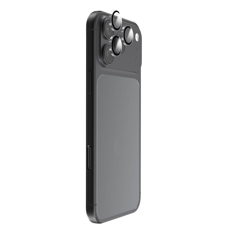A black phone with a large rectangular magnetic charging area on the back, shown on a smartphone with three camera lenses. The case is displayed at a three-quarter angle against a solid white background.