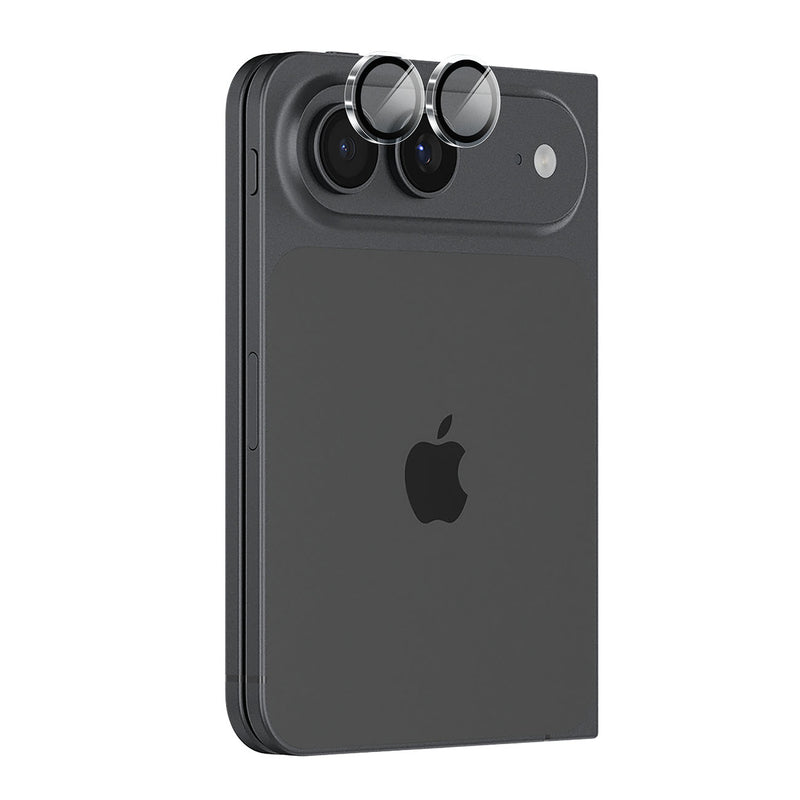 A dark gray Apple iPhone shown from the back, featuring a black Apple logo and two circular camera lens protectors, set against a plain white background.