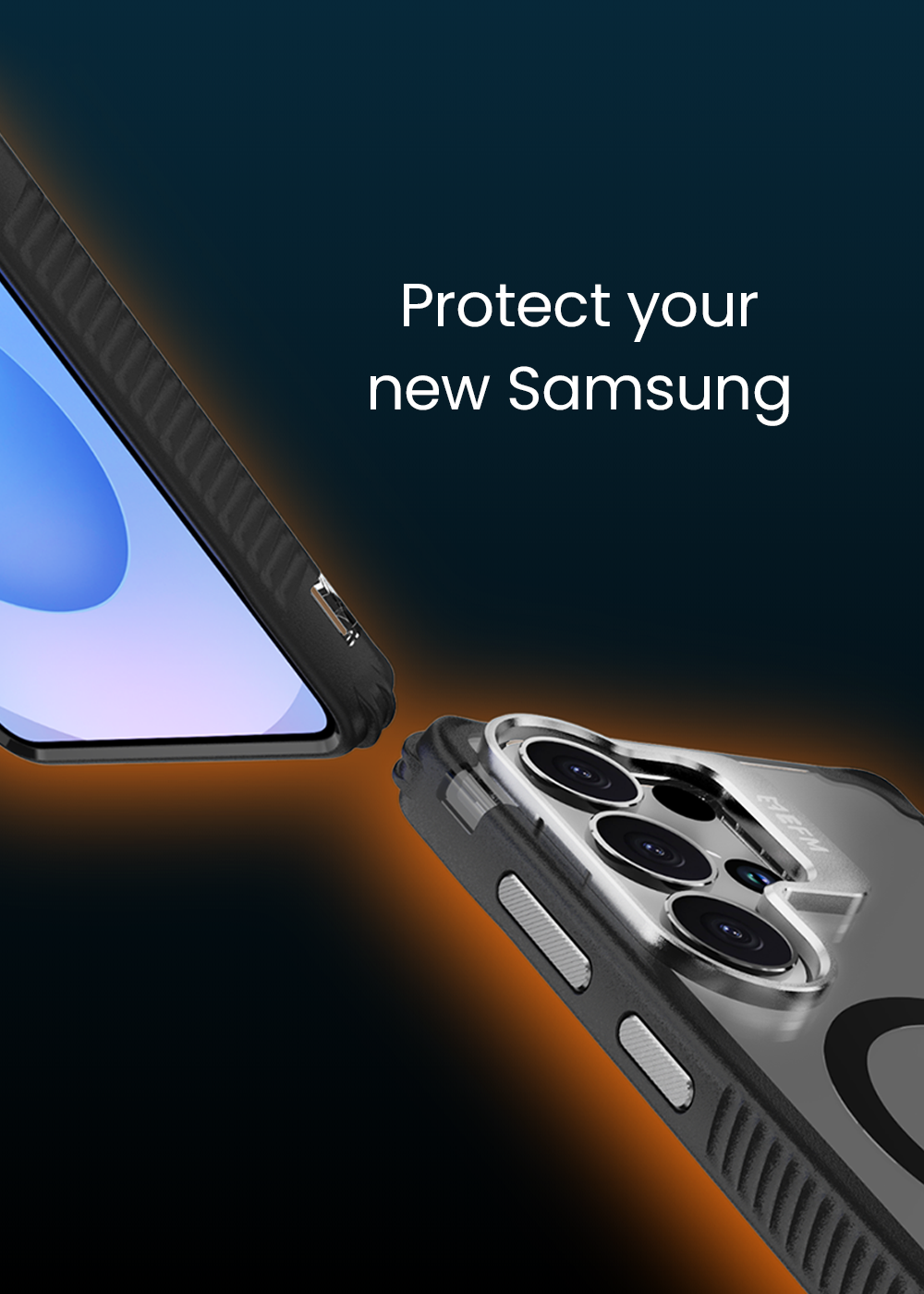 Phone case with text 'Protect your new Samsung' on a dark background