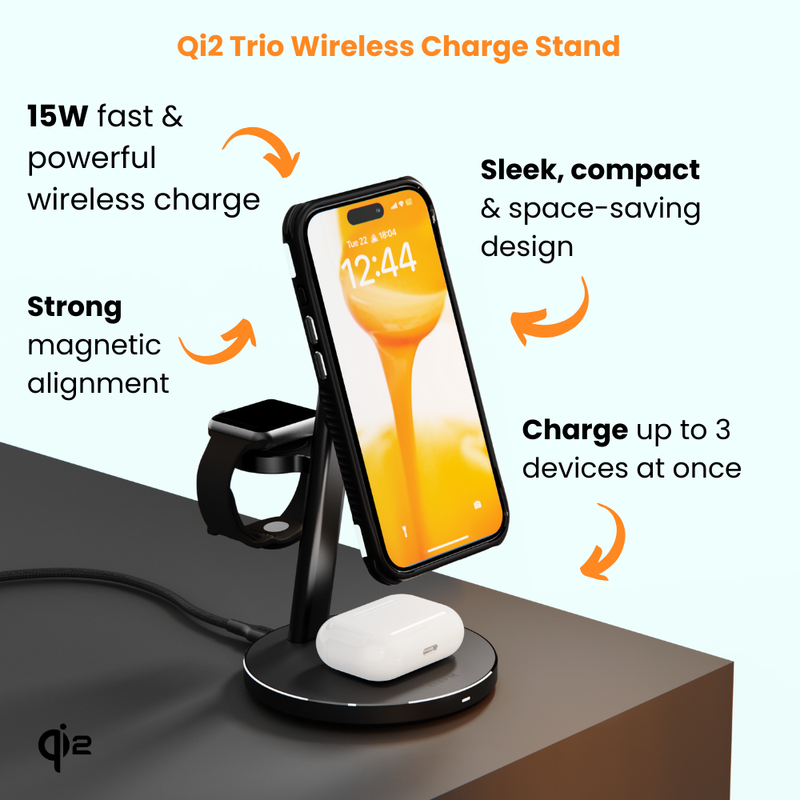 Qi2 Trio Wireless Charge Stand - With 5W MFi Apple Watch Charger Pad