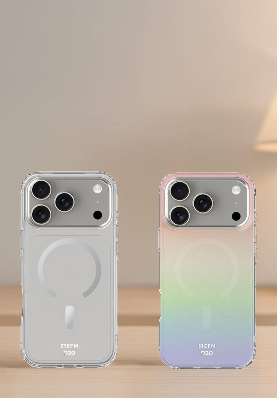 Two gradient-colored phones on a wooden surface with a blurred indoor background