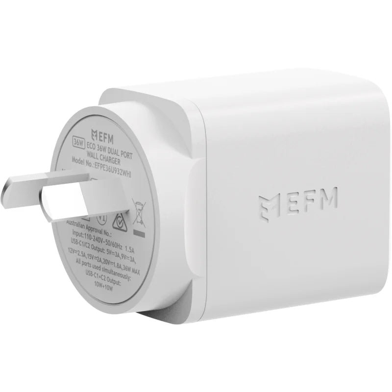 EFM ECO 36W Dual Port Wall Charger - With Power Delivery and PPS - White