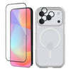 A clear protective phone case with MagSafe compatibility shown on the back of a smartphone, alongside a matching clear screen protector and camera lens accessories, all on a white background.