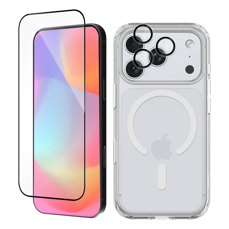 A clear protective phone case with MagSafe compatibility shown on the back of a smartphone, alongside a matching clear screen protector and camera lens accessories, all on a white background.