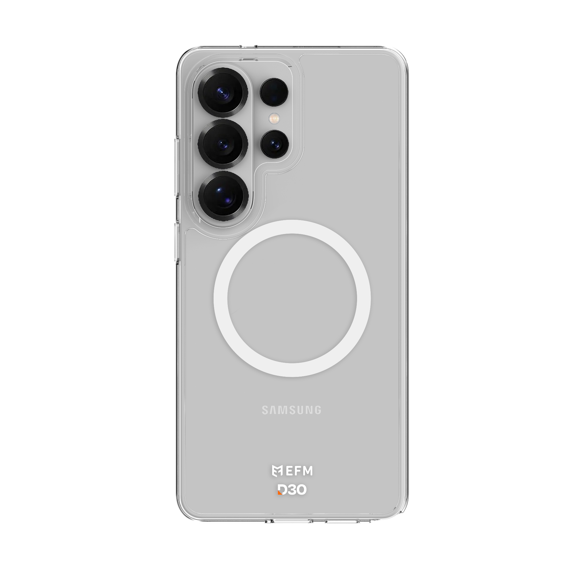 Samsung smartphone with a clear case on a white background