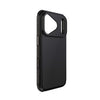 A black carbon fiber textured phone case with a raised camera bumper, shown from a side angle on a plain white background.