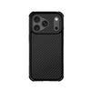 A black carbon fiber textured phone case with a raised bumper edge, shown on a plain white background.