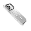 A clear protective phone case with a camera bumper and MagSafe compatibility, shown on a silver iPhone against a white background.