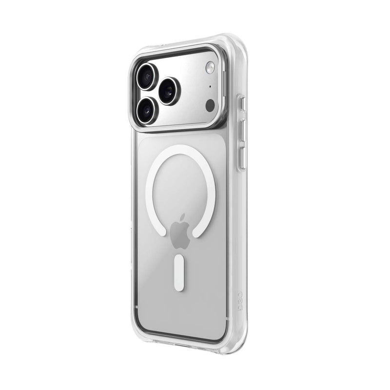 A clear MagSafe-compatible phone case shown on a silver iPhone, featuring a white circular MagSafe ring on the back, set against a plain white background.