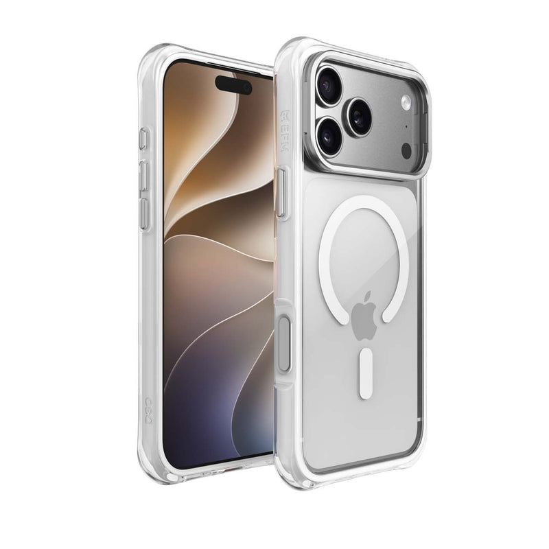 Two transparent phone cases shown on smartphones against a clean white background. One case is on the front of a phone, showing the camera cutout and side button openings, and the other is on the back of a phone, featuring a circular MagSafe ring and a cutout for the Apple logo.