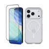 A clear MagSafe-compatible phone case shown on the back of a smartphone, alongside a matching clear screen protector with a black edge, both displayed on a white background.