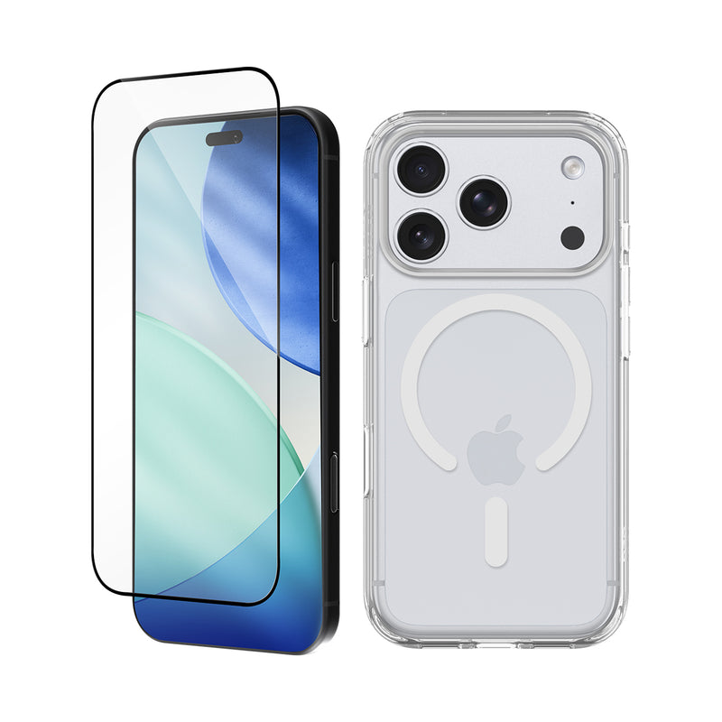 A clear MagSafe-compatible phone case shown on the back of a smartphone, alongside a matching clear screen protector with a black edge, both displayed on a white background.