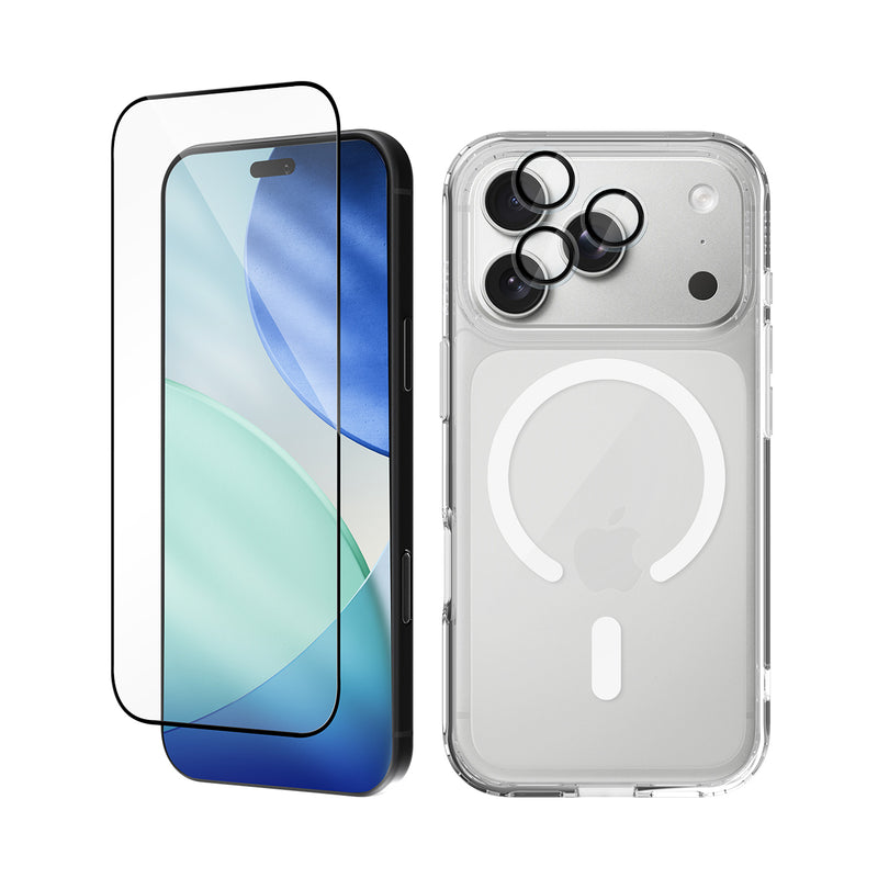 A clear MagSafe-compatible phone case shown on the back of a smartphone, alongside a matching clear screen protector with a black border displayed over another phone view. The products are presented on a clean white background.
