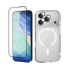 A clear MagSafe-compatible phone case shown on the back of a smartphone, alongside a matching clear screen protector with a black border displayed over another phone view. The products are presented on a clean white background.