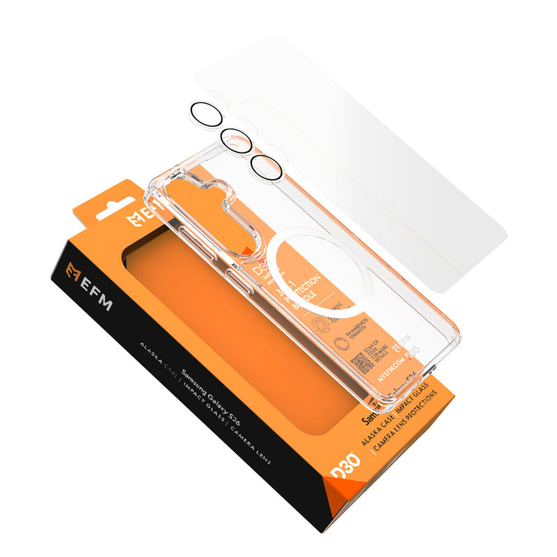 Clear phone case with EFM packaging on a white background