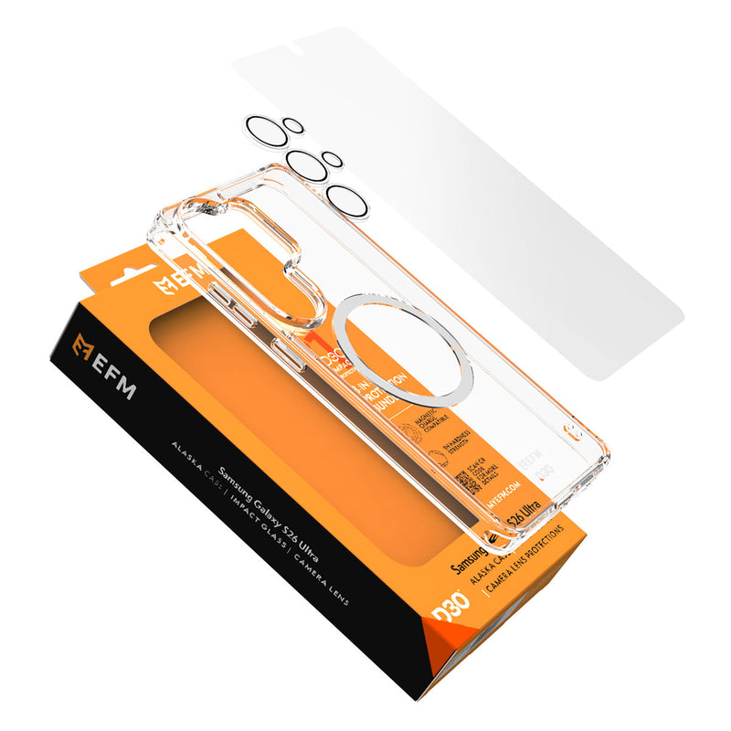 Clear phone case and screen protector with EFM branding on packaging