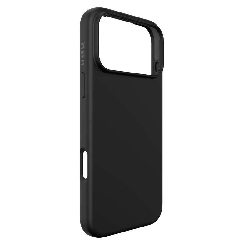 A black protective phone case with a raised camera bumper and side button cutouts, shown from a three-quarters angle on a plain white background.