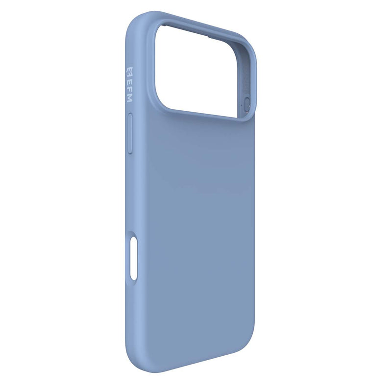 A light blue protective phone case with a raised camera bumper and side button cutouts, shown from a three-quarters angle on a white background.