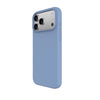 A light blue protective phone case shown from the back, fitted on a silver smartphone with a triple-camera system, set against a plain white background.
