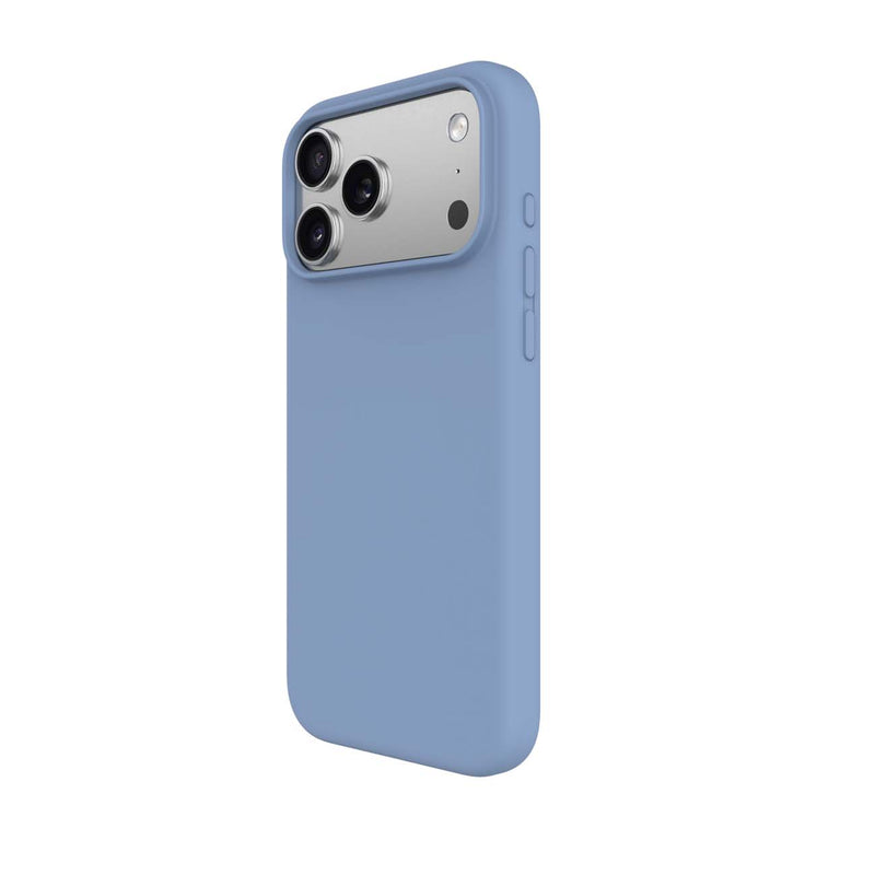 A light blue protective phone case shown from the back, fitted on a silver smartphone with a triple-camera system, set against a plain white background.