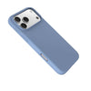 A light blue matte phone case shown from the back, fitted on a silver smartphone. The case has precise cutouts for the camera lenses, flash, and side buttons.