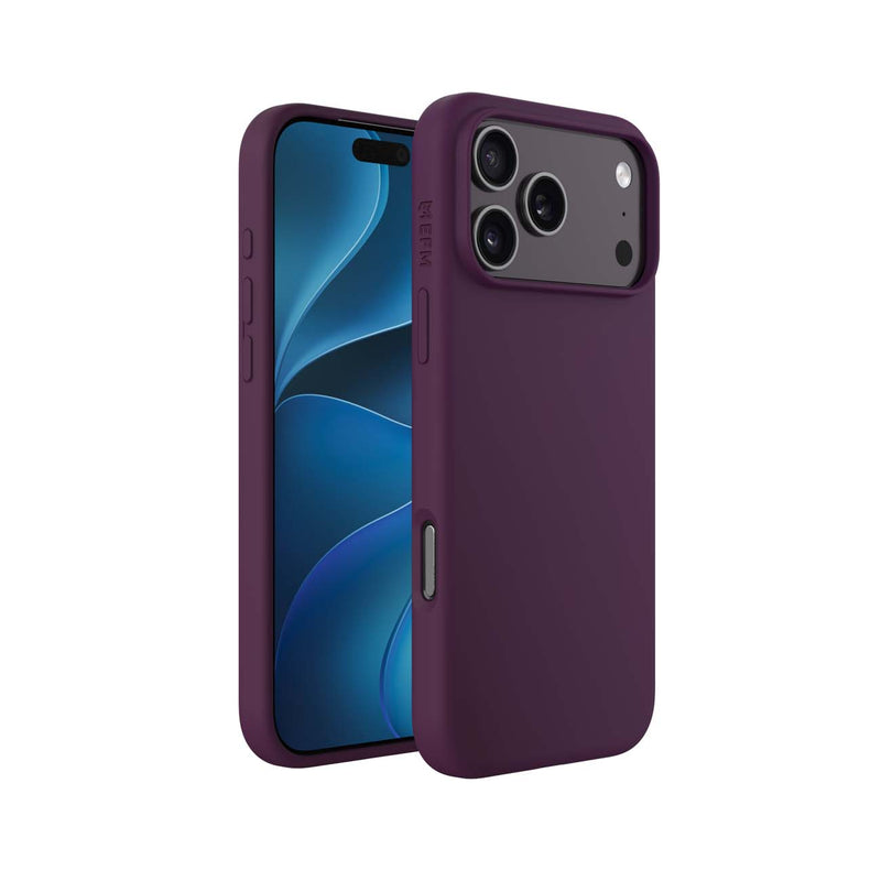 A dark purple phone case shown from both the front and back angles on a white background. The case is displayed on a smartphone with a blue screen, highlighting its precise fit and color.