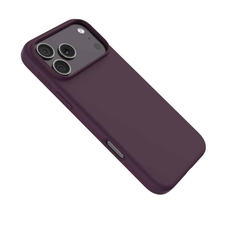 A dark purple matte phone case shown from the back, fitted on a smartphone with a triple-camera cutout, photographed on a clean white background.