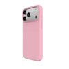 A light pink phone case shown from the back, fitted on a silver smartphone with a triple-camera system, isolated on a white background.