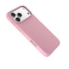 A light pink matte phone case shown from the back, fitted on a white smartphone. The case has a precise cutout for the camera lenses and side button cutouts.