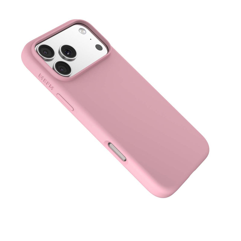 A light pink matte phone case shown from the back, fitted on a white smartphone. The case has a precise cutout for the camera lenses and side button cutouts.