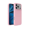 A light pink protective phone case shown from both the front and back angles, fitted on a smartphone with a blue display, set against a plain white background.