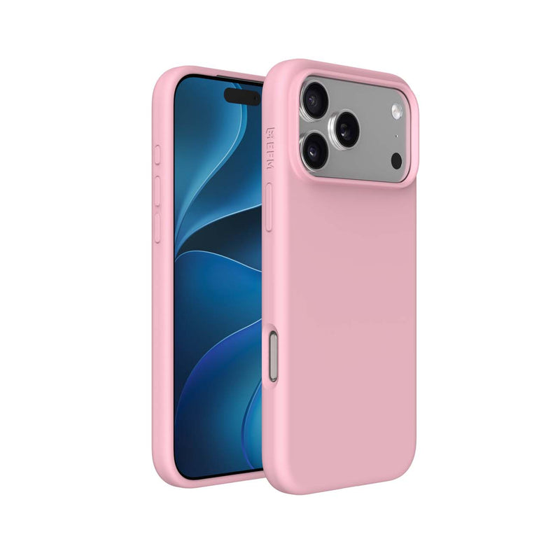A light pink protective phone case shown from both the front and back angles, fitted on a smartphone with a blue display, set against a plain white background.
