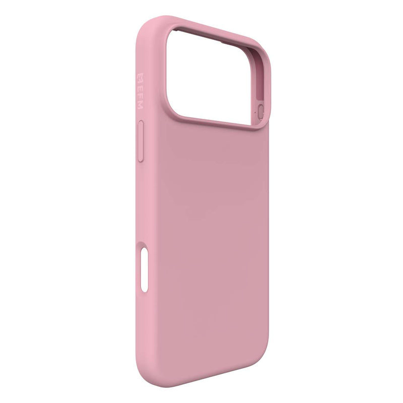 A matte pink phone case with a raised camera bumper and side button cutouts, shown from a three-quarters angle on a white background.