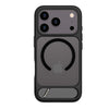 A dark gray and black magnetic phone case with a built-in stand, shown on a black iPhone. The case features a large black magnetic ring on the back and a small metal stand at the bottom.