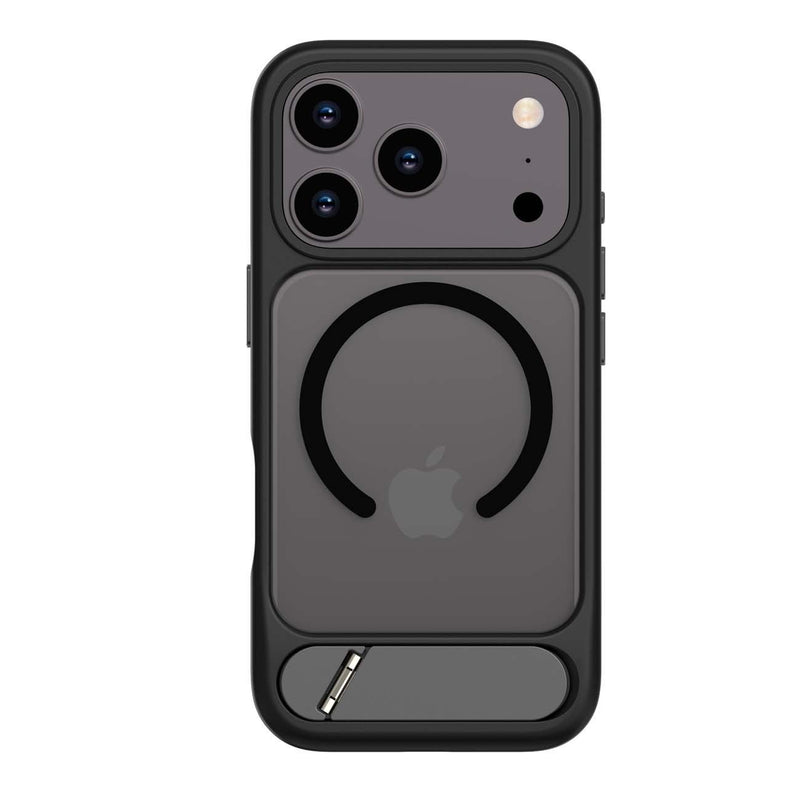 A black protective phone case with a built-in MagSafe ring and a small card slot at the bottom, shown on a black smartphone against a white background.